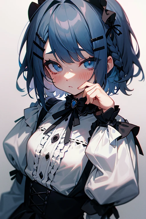 Short white hair, blush, Gothic Lolita、Punk Fashion、Headbang 2.、Blue and black clothes、Braiding、2 hair clips