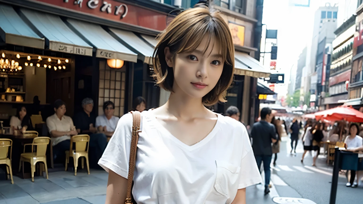 (masterpiece:1.2), Very detailed, Ultra-high resolution, (Realistic, photo Realistic:1.37), High-resolution RAW color photos, Professional photos, Very detailedな顔, Very beautiful eyes, Very detailedな肌, very thin fingers, Very detailedな鼻, Very detailedな口, Perfect Anatomy, Very detailedな背景, (Famous Japanese actresses:1.2), (Gal:1.3), Brown person々, (blonde:1.3), Very short hair, Cafe Background, Cafes in New York, (Wearing a white shirt, mini skirt:1.3),