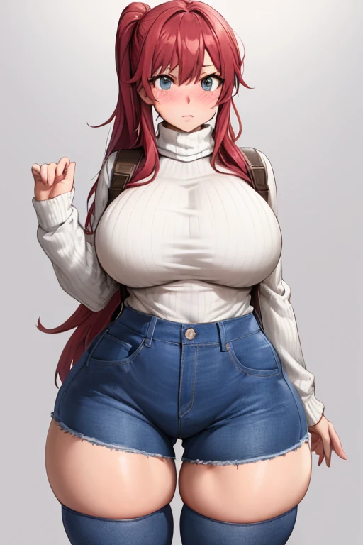 One Girl,{Knee-high socks}、(((Wide Hips)))、 (((Big thighs)))、((Big Ass))、(Large Breasts) Embarrassed look、whole body、Sexy pose,Trying on tight jeans、Pull up your pants from the side,Turtleneck sweater