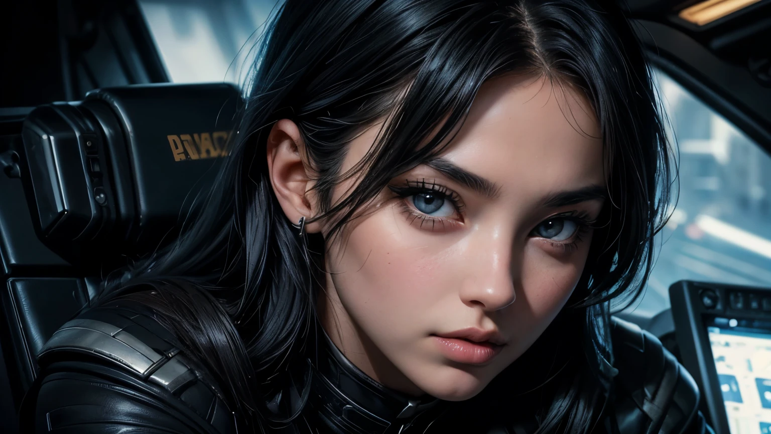 A beautiful woman. Black hair. Twenty years old. Detailed drawing of the face. Beautiful double eyes. The bridge of my nose. Well-shaped lips. She wears a black metallic battle uniform. She is sitting in the cockpit of a small space fighter. She is looking at the camera with a serious expression. A masterpiece.