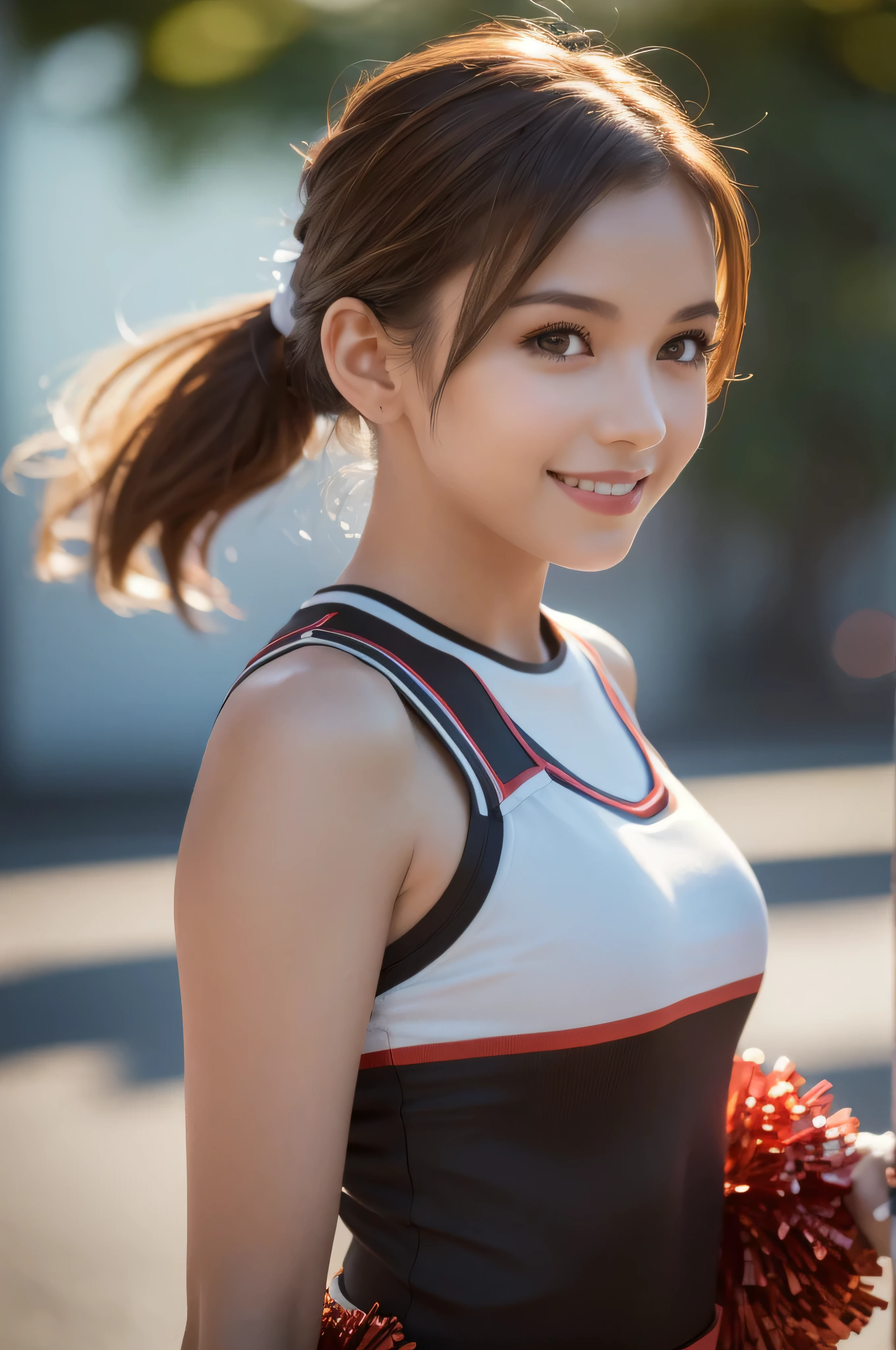 (8k, highest quality, masterpiece: 1.2), Super detailed, highest quality, Ultra-high resolution, Professional Lighting, Photon Mapping, Radio City, Physically Based Rendering, Cinema Lighting, Depth of written boundary, focus on, Sun rays, Good composition, (Bokeh: 1.2), 1 girl, (whole body), smile, Beautiful Eyes, Pause, narrow, Brown Hair, ponytail, Cheerleader,