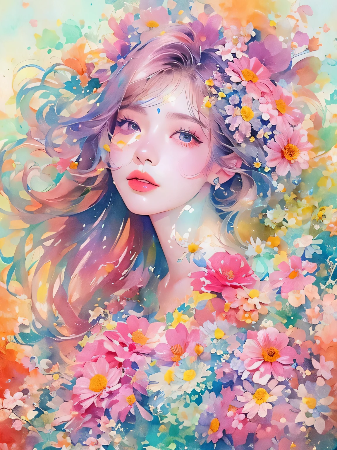 Momoko Sakura style、(((stylish fashion))), 8K Quality、Intense watercolor, Detailed watercolor art, Watercolor splash, Surreal, avant-garde pop art, Beautiful and expressive paintings, Beautiful artwork illustration, Very colorful tones, wonderful, Cool beauty, highest quality、Official Art, Vector art, Stylish design, (((The most beautiful girl))), (((highest quality))), HDR, ((detailed)), (((Doodle Art)), ((masterpiece)), ((Super detailed)), (((Colorful flowers))),(((Stylish))), Lips in Love