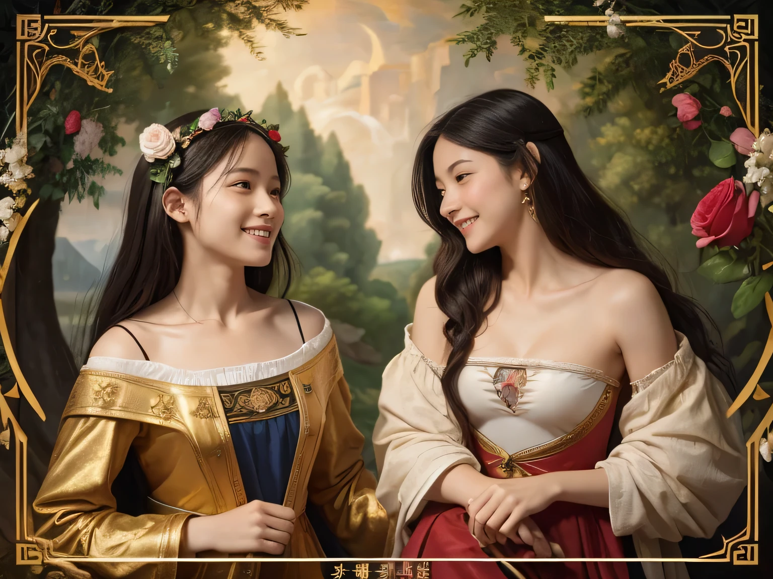 Giorgione painting style,Arguments of two female Philosophe,math、astronomical machine、astronaut、roses in vase、fruits、Cute trinkets、smile、ancient greek costume、Background is a forest lake at night 、Clothes that stretch your shoulders、A big smile、beautiful bare skin、A detailed representation of the seducing woman throughout her body.sexy,erotic