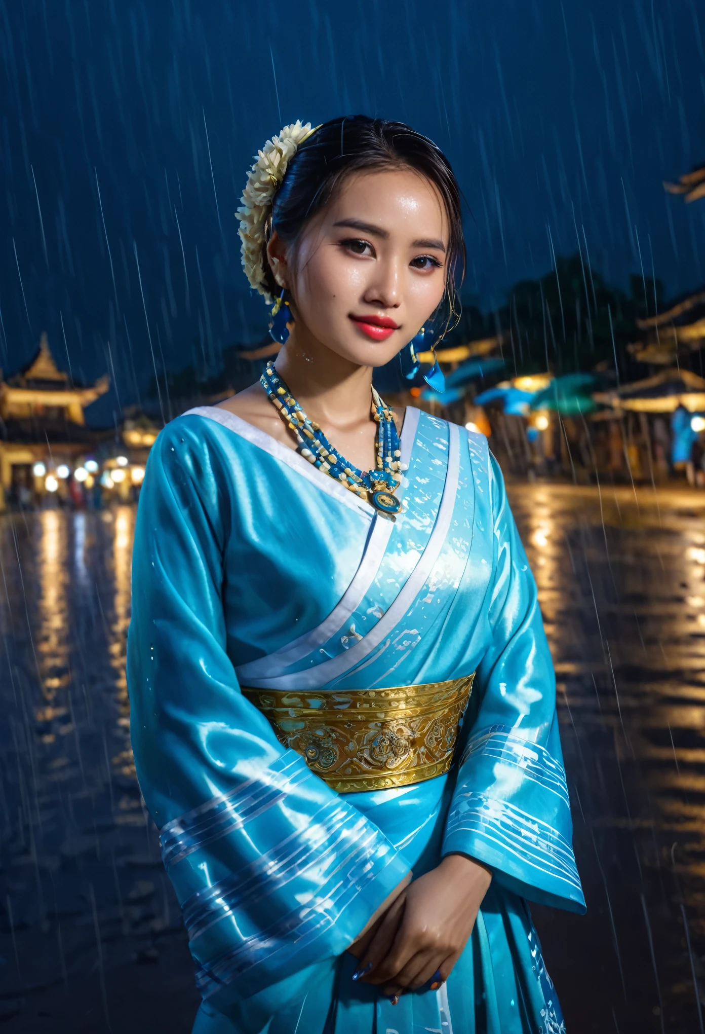 (8k, RAW photo, best quality, masterpiece:1.2), (realistic, photo-realistic:1.37),st. louis (luxurious wheels) (azur lane),1girl,(myanmar girl), (aegyo sal:1),hair ornament, portrait, (Myanmar traditional cloths:1.1), necklace, blue nails,cute,cityscape, night, rain, wet, professional lighting, photon mapping, radiosity, physically-based rendering, backgrounds SHWEDIGON Pagoda