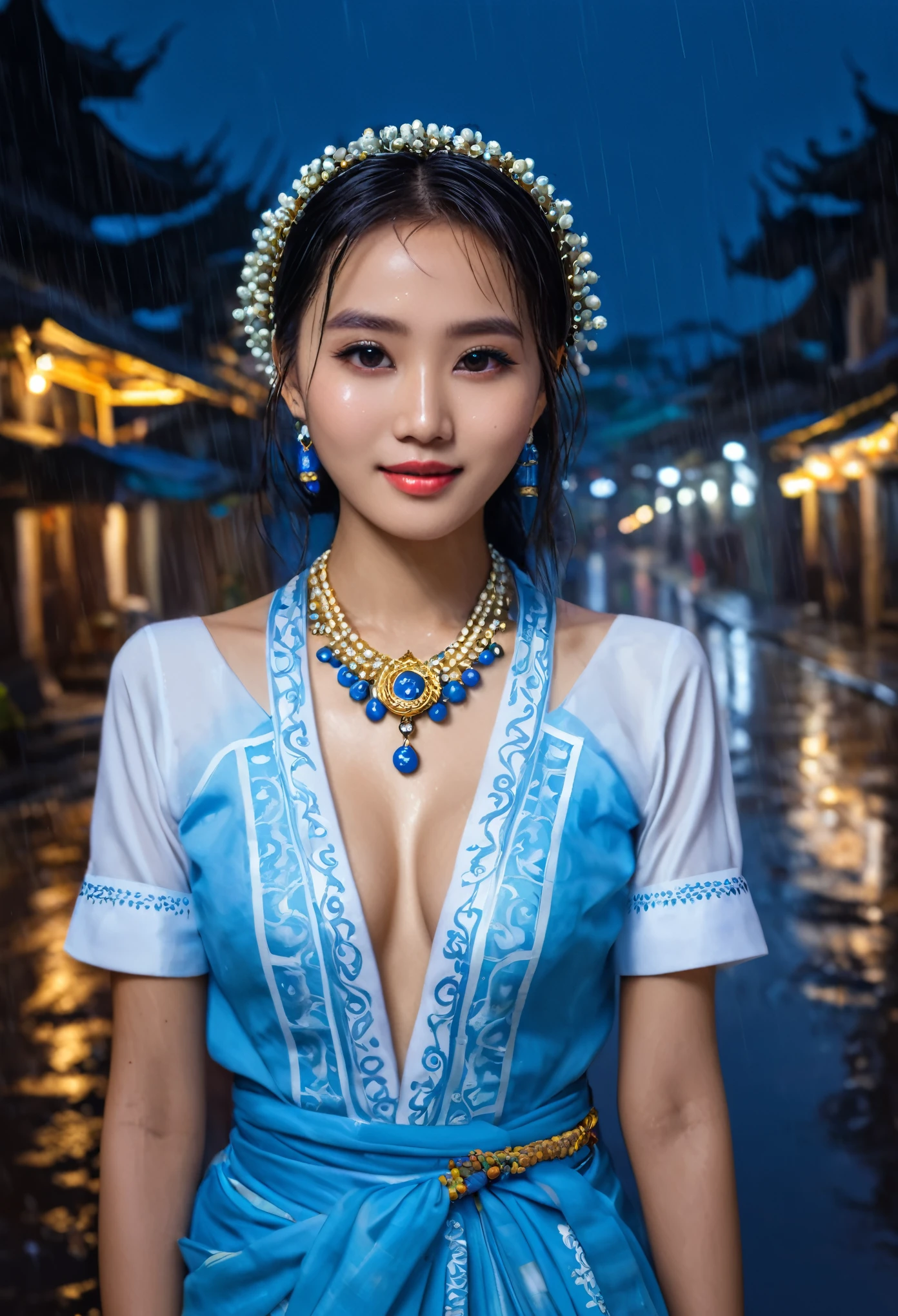 (8k, RAW photo, best quality, masterpiece:1.2), (realistic, photo-realistic:1.37),st. louis (luxurious wheels) (azur lane),1girl,(myanmar girl), (aegyo sal:1),hair ornament, portrait, (Myanmar traditional cloths:1.1), necklace, blue nails,cute,cityscape, night, rain, wet, professional lighting, photon mapping, radiosity, physically-based rendering, backgrounds SHWEDIGON Pagoda