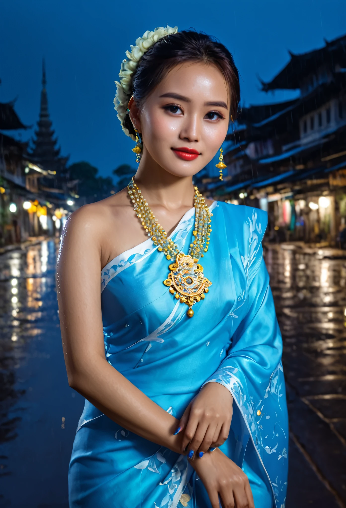 (8k, RAW photo, best quality, masterpiece:1.2), (realistic, photo-realistic:1.37),st. louis (luxurious wheels) (azur lane),1girl,(myanmar girl), (aegyo sal:1),hair ornament, portrait, (Myanmar traditional cloths:1.1), necklace, blue nails,cute,cityscape, night, rain, wet, professional lighting, photon mapping, radiosity, physically-based rendering, backgrounds SHWEDIGON Pagoda
