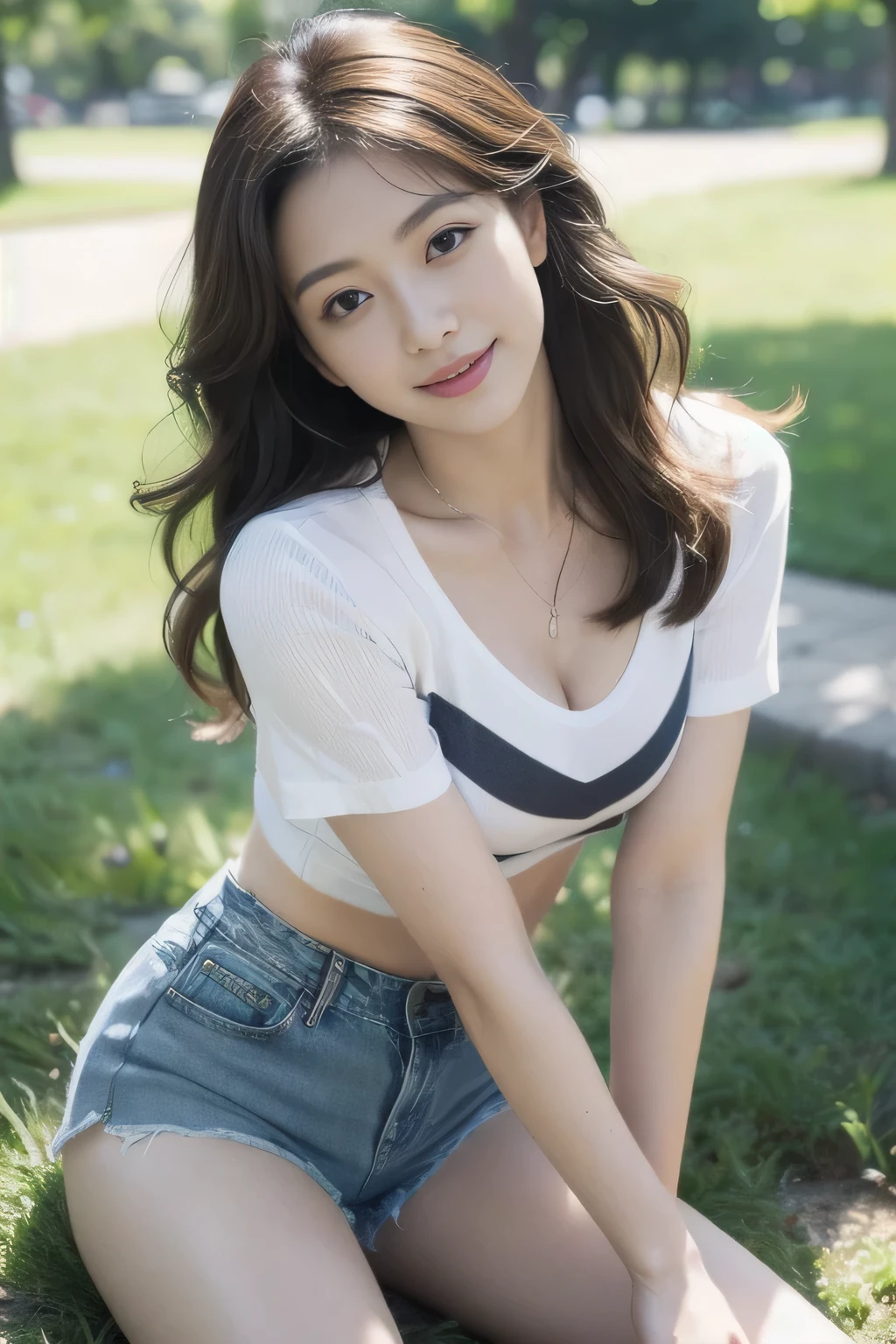 ((((top-quality))))、(((Ultra Precision CG16K Wallpapers)))、(((masterpiece)))、(((ultra-detailliert)))、(((Ultra-extreme details)))、1Man Woman、a matural female、An 18-year-old woman、((Japanese face))、((extremely beautiful face))、((sasaki nozomi:1.5))、((Wave Perm、semi long hair:1.3))、(shinny hair)、Bangs up to the eyebrows、Beautiful brown hair、Beautiful delicate eyes、Brown eyes、raised eyebrows、lofty nose、small nostrils、small mouth、seductive lips、slightly open mouth、Beautiful breasts、C-cup size breasts、cleavage of the breast、Plump body、perfectly proportions、perfect anatomia、perfect-composition、beautiful detailed shading、Beautiful natural lighting、Beautiful detail glow、depth of fields、(((a high chroma)))、(((realisitic:1.9)))、((Vivid:1.4))、((Beautiful skin))、((Skin texture))、((Realistic skin feeling))、(((Head-to-thigh shot:1.5)))、((Frontal angle:1.5))、((a smile:1.4))、(Eyes looking at me)、Bright sunshine、(((Walking in the park:1.3)))、(Blur the background)、(((T-shirt with horizontal stripes、Denim fabric shorts wearing:1.5)))、((Wearing a necklace))、((2 arms、2 legs:1.2))、