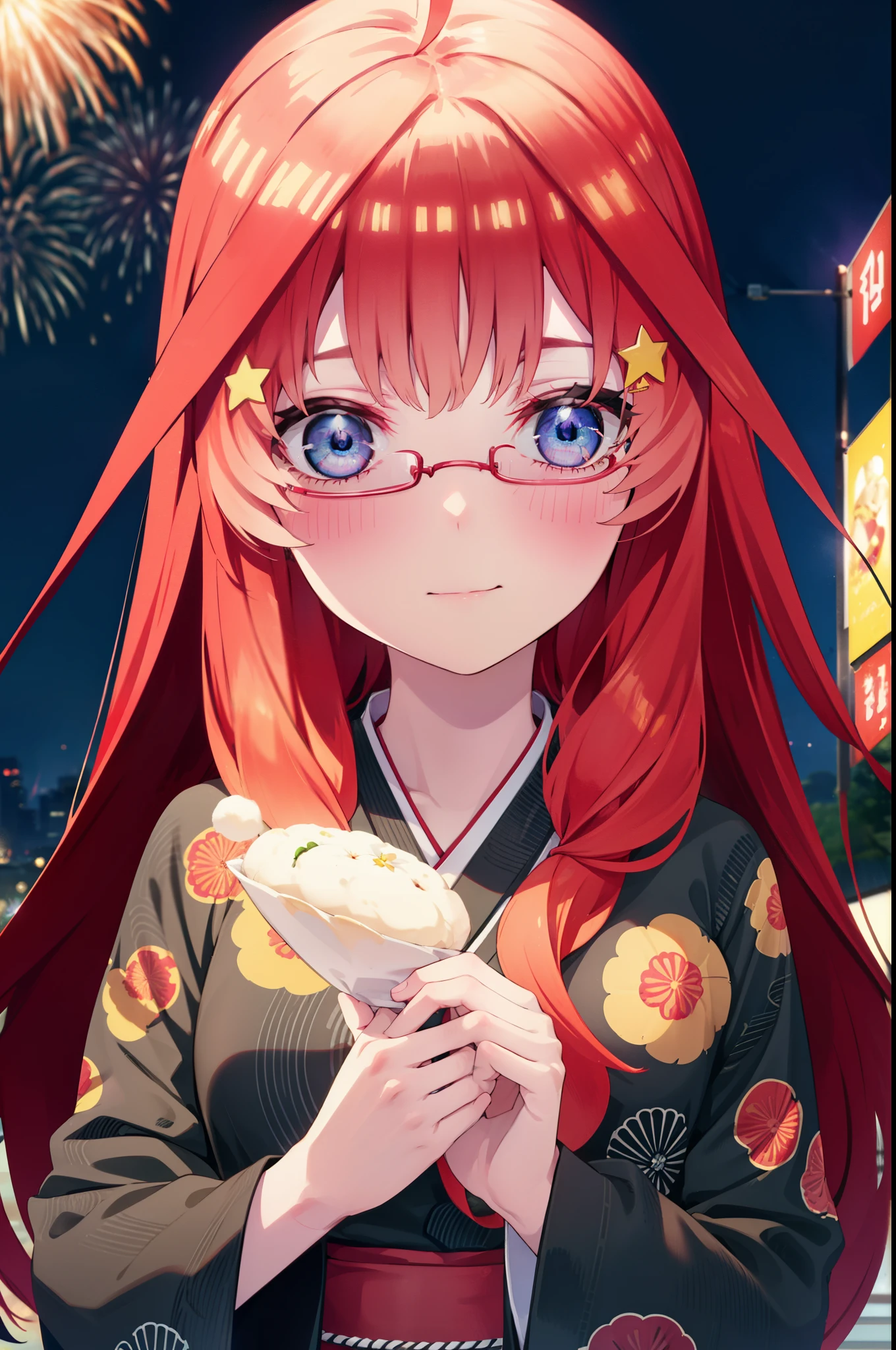 itsukinakano, Itsuki Nakano, bangs, blue eyes, Hair between the eyes, Ahoge, Redhead, star \(symbol\), hair ornaments, star hair ornaments,Akagi Glasses,smile,blush,Happy atmosphere,Open your mouth,Long Hair,Tie your hair back,red kimono,,Thick sleeves,Sandals,White tabi,night空の花火,Fireworks display,Japanese Festivals,Summer festival food stalls,Red Lantern, night,whole bodyがイラストに入るように,Looking down from above,
break outdoors, shrine, break looking at viewer,whole body,
break (masterpiece:1.2), highest quality, High resolution, unity 8k wallpaper, (shape:0.8), (Beautiful and beautiful eyes:1.6), Highly detailed face, Perfect lighting, Highly detailed CG, (Perfect hands, Perfect Anatomy),