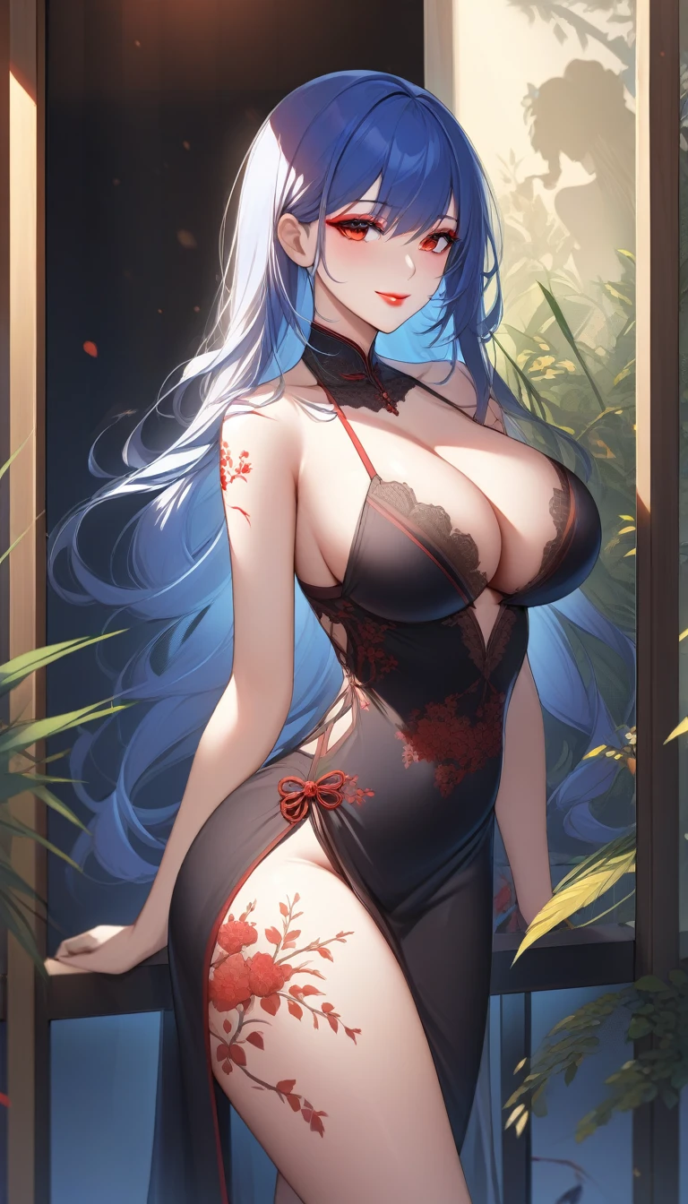 best quality,masterpiece, an extremely delicate and beautiful, CG,extremely detailed ,highres, extremely detailed,depth of field, 1girl,beautiful detailed girl,blue_hair, long_hair, beautiful detailed red eyes,(makeup:1.2),Red lips,light on face,(seductive smile:1.2),big breasts,Cleavage,(thigh),red Belly tattoo,gufeng1,indoor,(Standing behind the screen:1.2),Looking through the screen, Silhouette, Silhouette,Plant decorations,(cowboy shot:1.5)