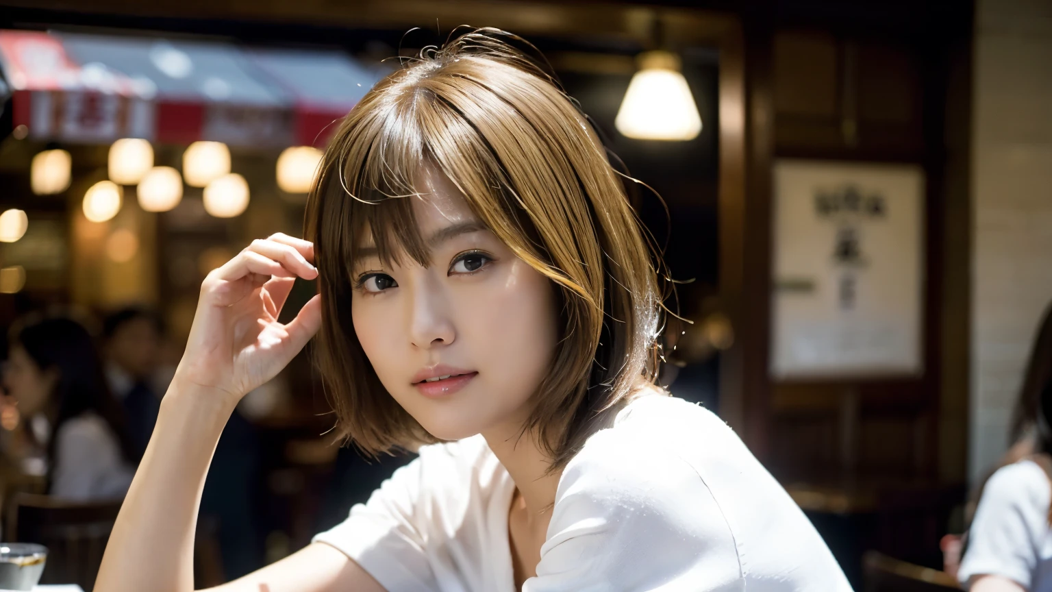 (masterpiece:1.2), Very detailed, Ultra-high resolution, (Realistic, photo Realistic:1.37), High-resolution RAW color photos, Professional photos, Very detailedな顔, Very beautiful eyes, Very detailedな肌, very thin fingers, Very detailedな鼻, Very detailedな口, Perfect Anatomy, Very detailedな背景, (Famous Japanese actresses:1.2), (Gal:1.3), Brown person々, (blonde:1.3), Very short hair, Cafe Background, Cafes in New York, (Wearing a white shirt, mini skirt:1.3),