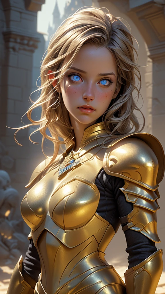 A gorgeous woman in golden armor, detailed face, beautiful eyes, long eyelashes, detailed lips, medieval golden knight armor, highly detailed, photorealistic, 8K, HDR, dramatic lighting, fantasy art, concept art