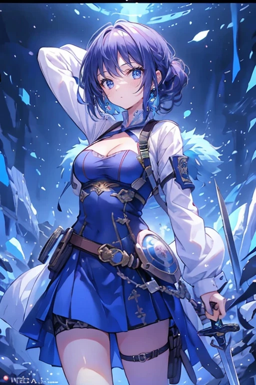 1girl,solo,cute,young,cleavage,in forest,she is a brave,have a sword hilt and shield