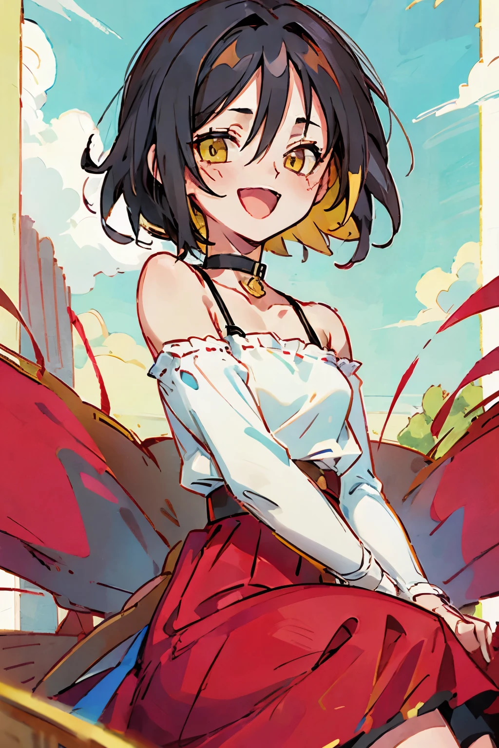 Hui Xiyi, Rekkyo Sensen, Boy, Black Hair, Yellow Eyes, Fantasy World, Remains, fork, Beautiful sky, Bright Sky, Opened Mouth, sunlight, smile, belt, ribbon choker, Black choker, ribbon, dress blowing in the wind, Lace dress, Black camisole and white sweater, Off-the-shoulder sleeves, Sit on the ground