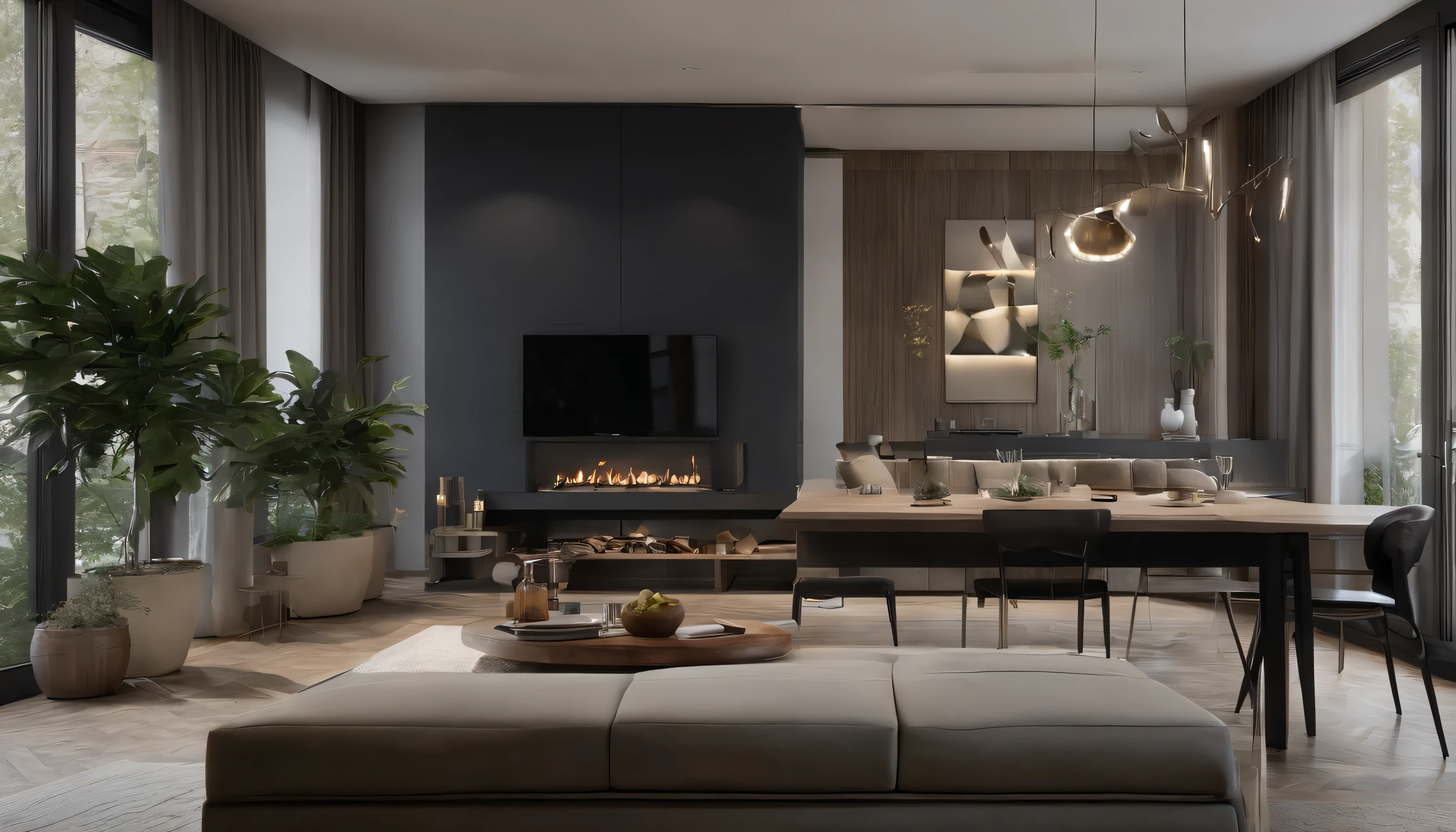 "Create a description of an interior design that meets the following specifications: * The walls and curtains have a deep blue color that covers the entire space. * The atmosphere is natural and serene. * The room is well-lit with a single floor lamp and natural light entering through the windows during the daytime. * The sofa is simple and modern. * The kitchen area is designed for cooking and preparing meals. * There is a single potted plant placed in the room. * The overall aesthetic is modern and sophisticated, with a city-style vibe reminiscent of a high-rise apartment. Please provide a detailed and precise description of this interior design, focusing on the colors, textures, and overall ambiance.