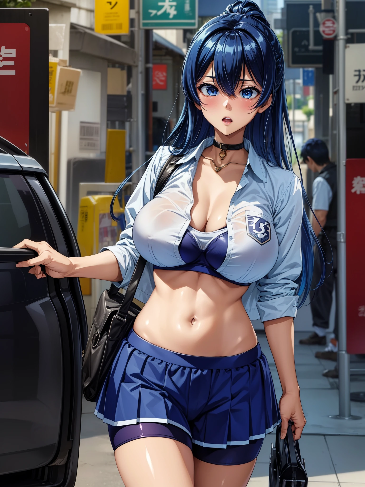 score_9、score_8_up、score_7_up、score_6_up、source_anime、1 person girl、Kogal、Dyed Hair、Blue Hair、Dark Skin、Very large breasts、Overflowing Chest、White sports bra、Pleated skirt、Unbuttoned shirt、Mockery、Teasing、Naughty face、Blue bike shorts、sports、solo、masterpiece、Depth of written boundary、zPDXL2