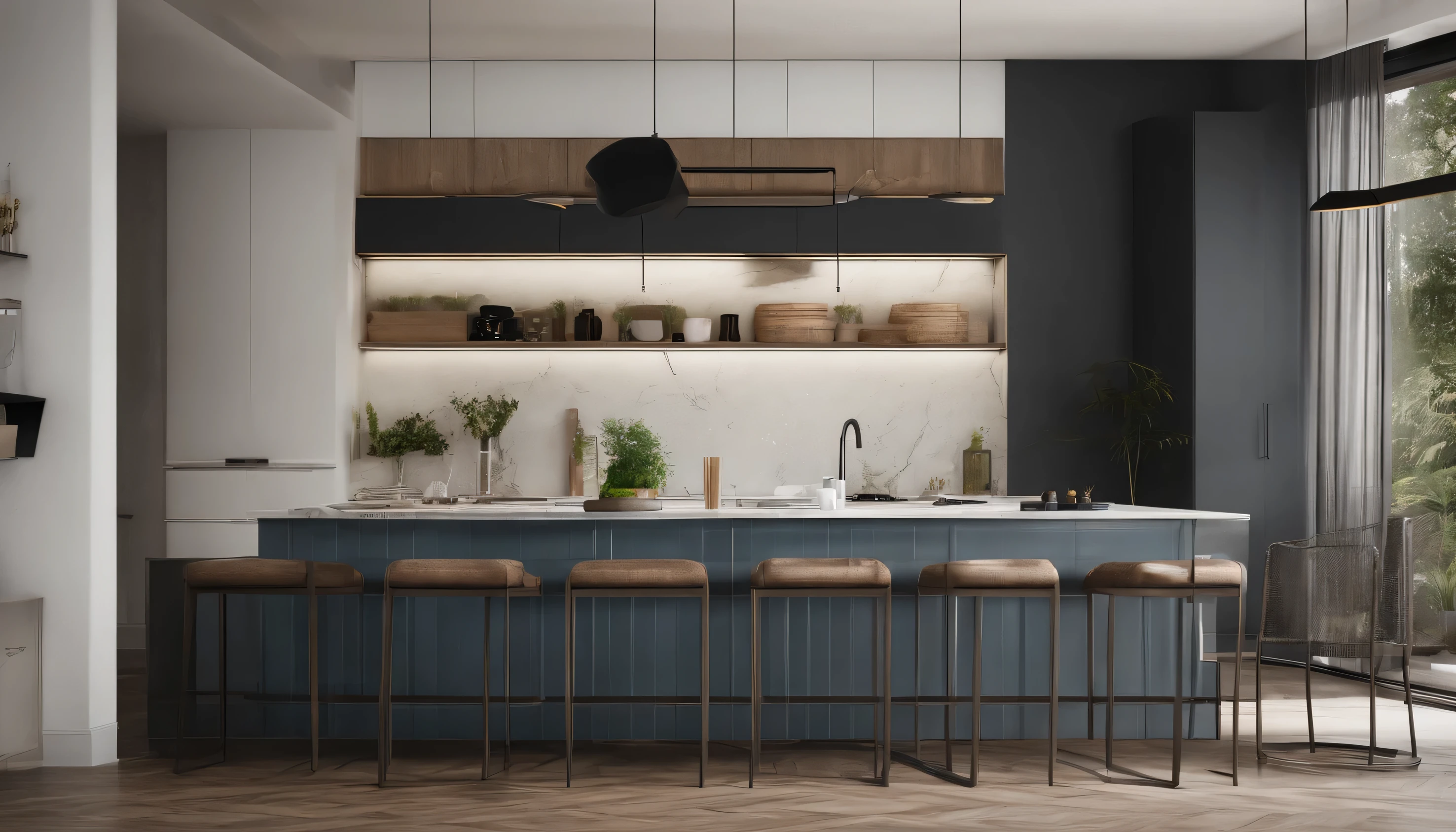 "Create a description of an interior design that meets the following specifications: * The walls and curtains have a deep blue color that covers the entire space. * The atmosphere is natural and serene. * The room is well-lit with a single floor lamp and natural light entering through the windows during the daytime. * The sofa is simple and modern. * The kitchen area is designed for cooking and preparing meals. * There is a single potted plant placed in the room. * The overall aesthetic is modern and sophisticated, with a city-style vibe reminiscent of a high-rise apartment. Please provide a detailed and precise description of this interior design, focusing on the colors, textures, and overall ambiance.