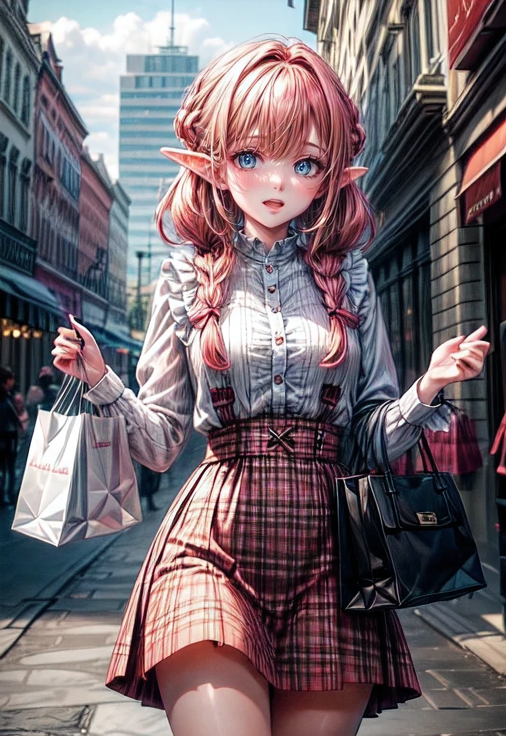 1 girl, (alone:1.3), ,((best quality)), ((masterpiece)), (detailed), perfect face, elf, young, shopping,  pink red hair, braid, ,sexy ,hot