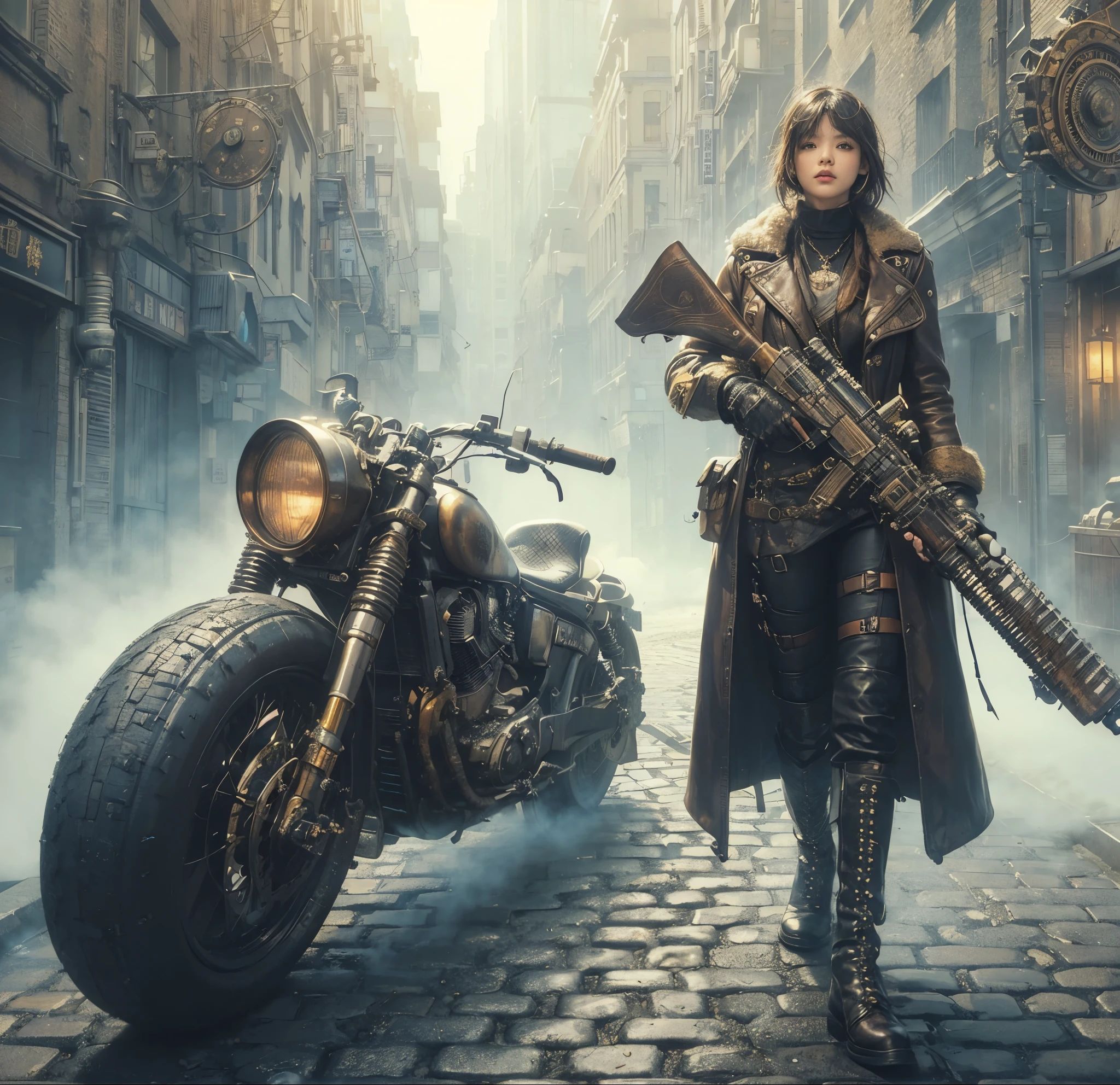 8k,Realistic Skin Texture、Superrealism、Realistic Photo、Japanese women、steampunk、Leather coat、Next to a custom-built bike、Carrying a huge rifle、Light cloudiness、Dirty city、Steam rising from buildings here and there、Goggles above your head、Streets with buildings decorated with intricate patterns and geared devices、Studded boots、Cobblestones、