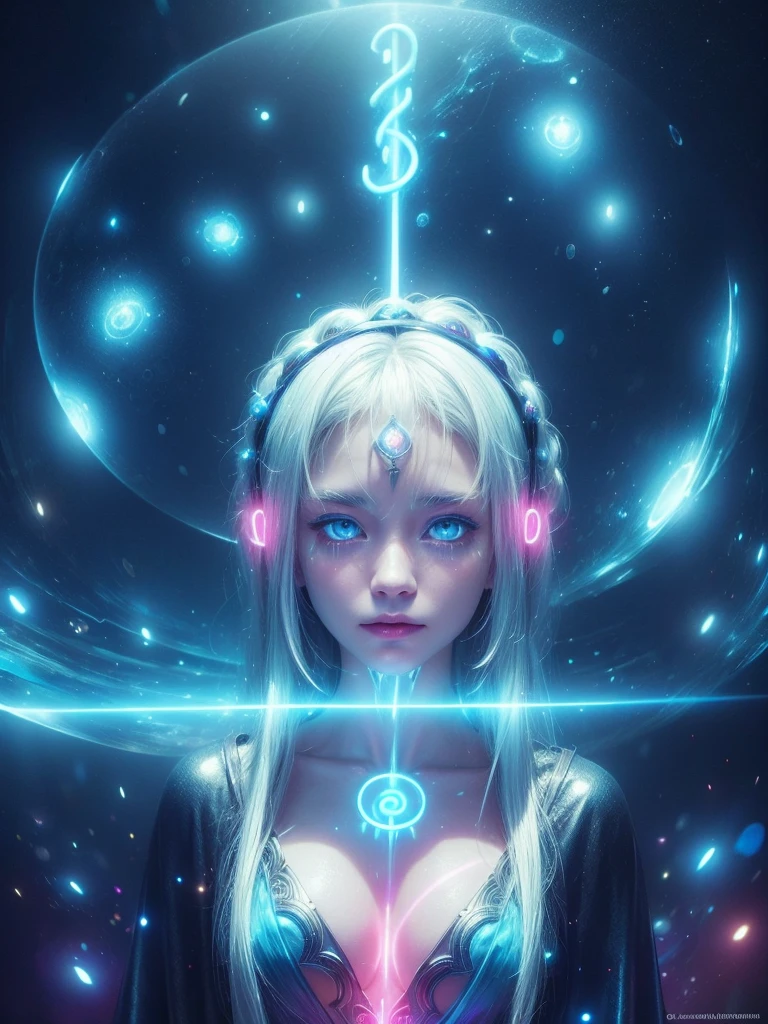 ((Upper Body)), best quality, masterpiece, a japanese woman ((Glowing white hair)), ((Detailed pearly blue eyes)), High Detail Goddess Soul, Focus on character, Solitary, (Style Swirl Magic), Solitary, From the front, Front view, looking at the audience, Delicate face, ((Glowing Lighting Magic Circle Theme)), perched on a ledge, Skinny neon body, Light streaks, Dark Abyss Wanderer Summary, ((Simple Glowing Neon Robe)), Carved with mysterious runes, Outdoor dystopian background,