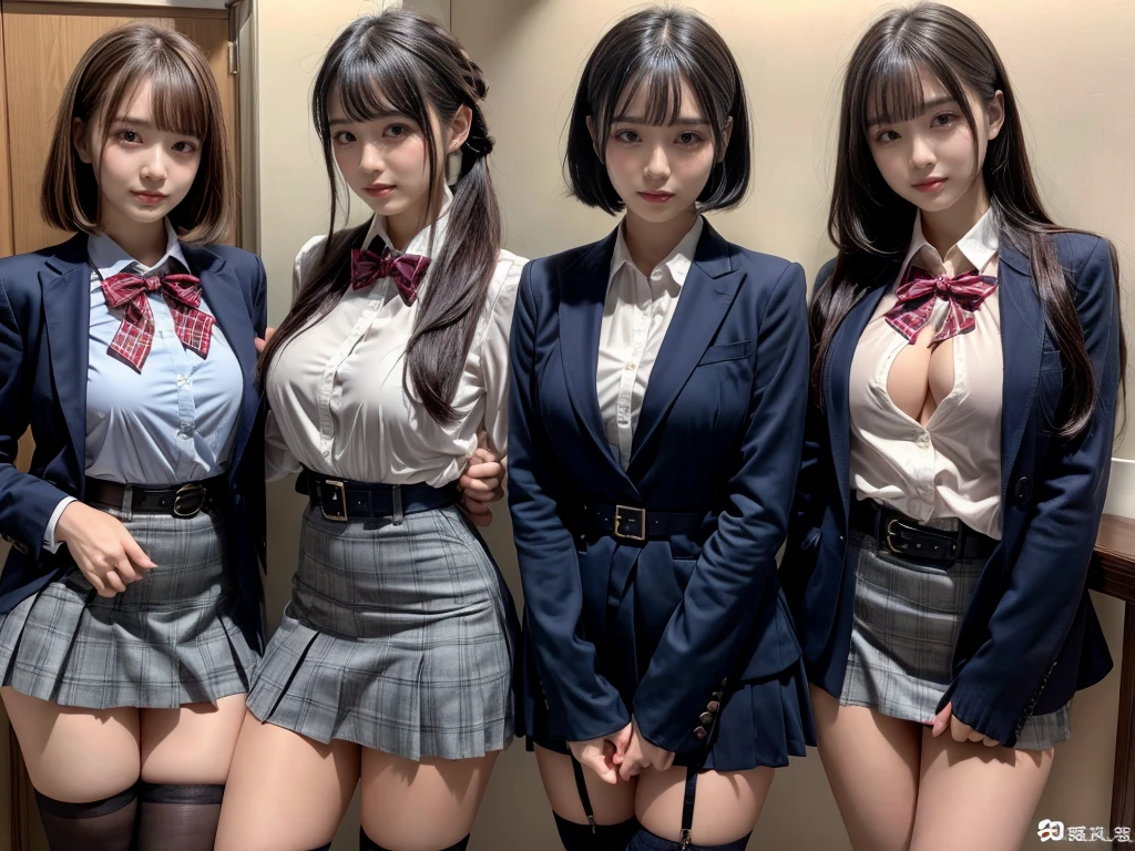 muster piece, best quality, illustration, Super detailed, fine details, High resolution, 8K,wall paper, perfect dynamic composition,(Details High quality, realistic depiction of eyes:1.3), ((2 girls, 2 schoolgirls)), The background is a luxury hotel room、High school girl uniform、blazer 、Super Short Check Uniform Skirt、Navy blue high socks、garterbelts、Colossal tits、Disturbed uniform, Play with each other,Touching each other's bodies,Touching the body of the girl next door, short bob hair, black hair color, huge breasts, Big Natural Color Lip, bold sexy pose, (perfect body shape), crying a little、cold gaze, Harajuku style、Beautiful makeup,glitter makeup,Cutest 18 years old, beautiful legs, hposing Gravure Idol, Voluptuous thighs