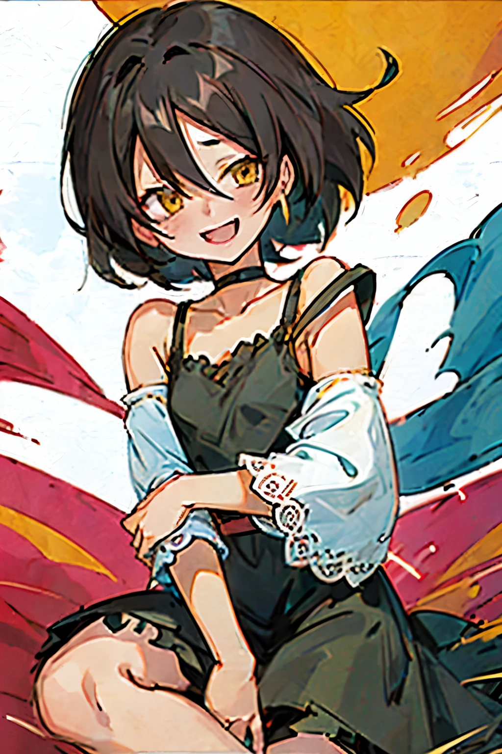 Hui Xiyi, Rekkyo Sensen, Boy, Black Hair, Yellow Eyes, Fantasy World, Remains, fork, Beautiful sky, Bright Sky, Opened Mouth, sunlight, smile, belt, ribbon choker, Black choker, ribbon, dress blowing in the wind, Lace dress, Black camisole and white sweater, Off-the-shoulder sleeves, Sit on the ground