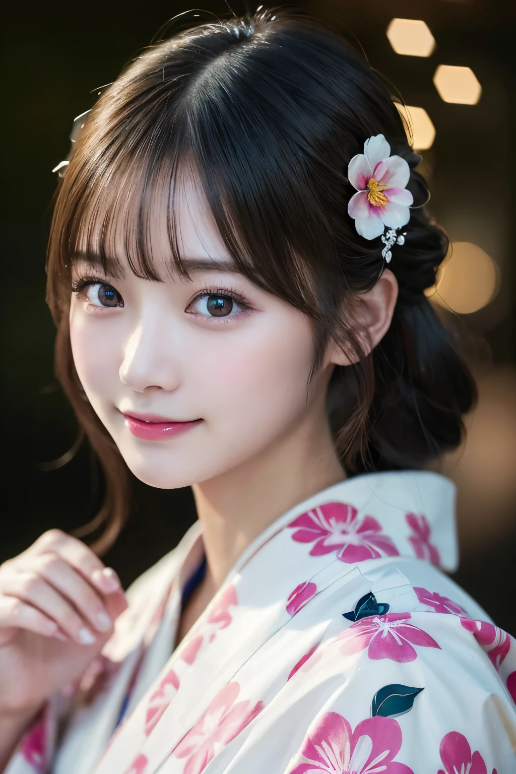 （kimono）、masterpiece、beautiful girl、Beautiful detailed eyes、highest quality, 超A high resolution, (reality: 1.2), Cinema Lighting、(Japanese Girls)、so beautiful、Beautiful Skin、(Looking at the audience)、(Surreal)、(High resolution)、(8k)、(Very detailed)、(Beautiful fine details)、(Very detailed)、 (wallpaper)、Detailed face、Bright lighting、Professional Lighting、Smile