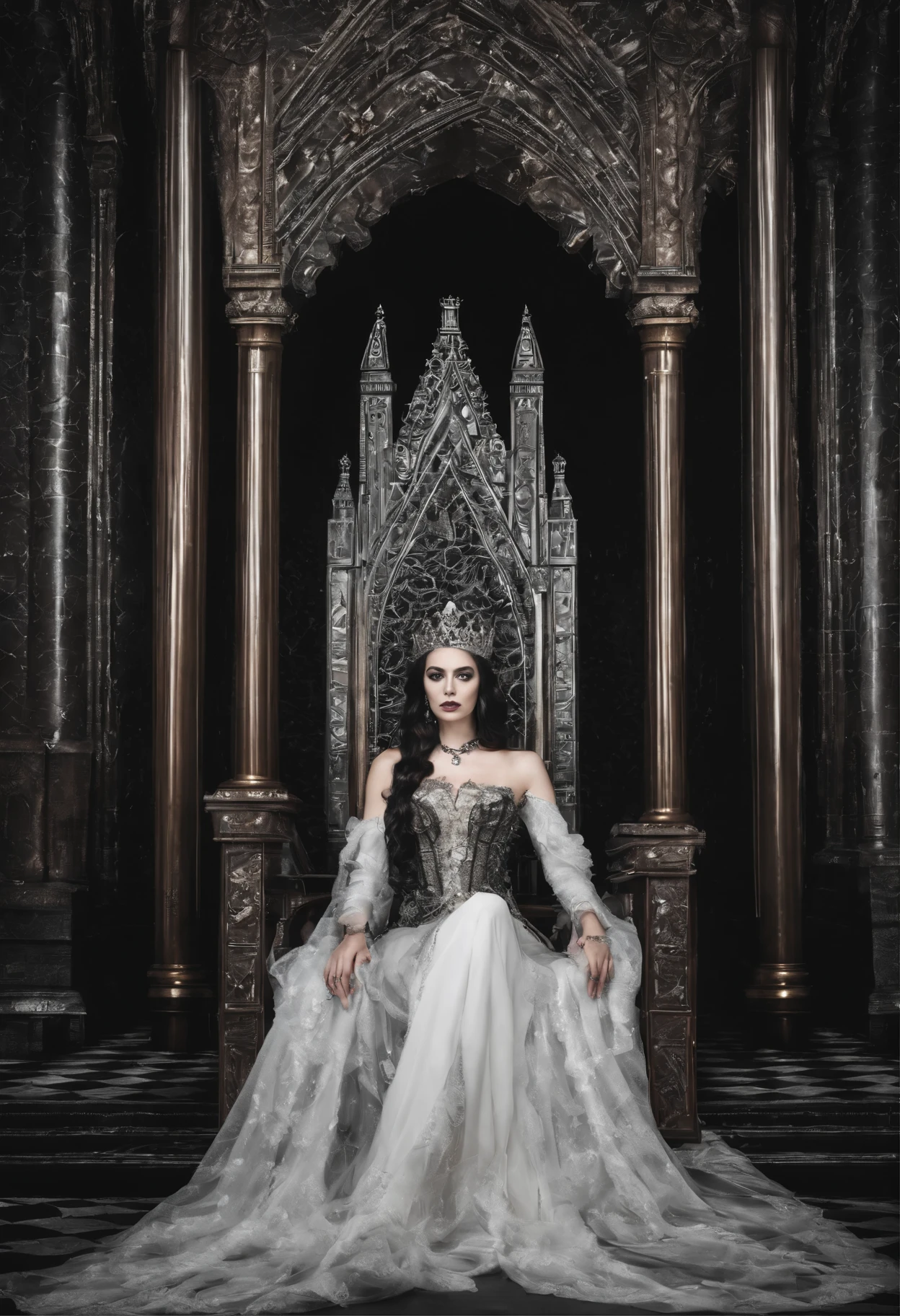 photograph of a queen sit on a royal throne, background with dark gothic architecture style, front view, center composition, horizontal line high quality, realism