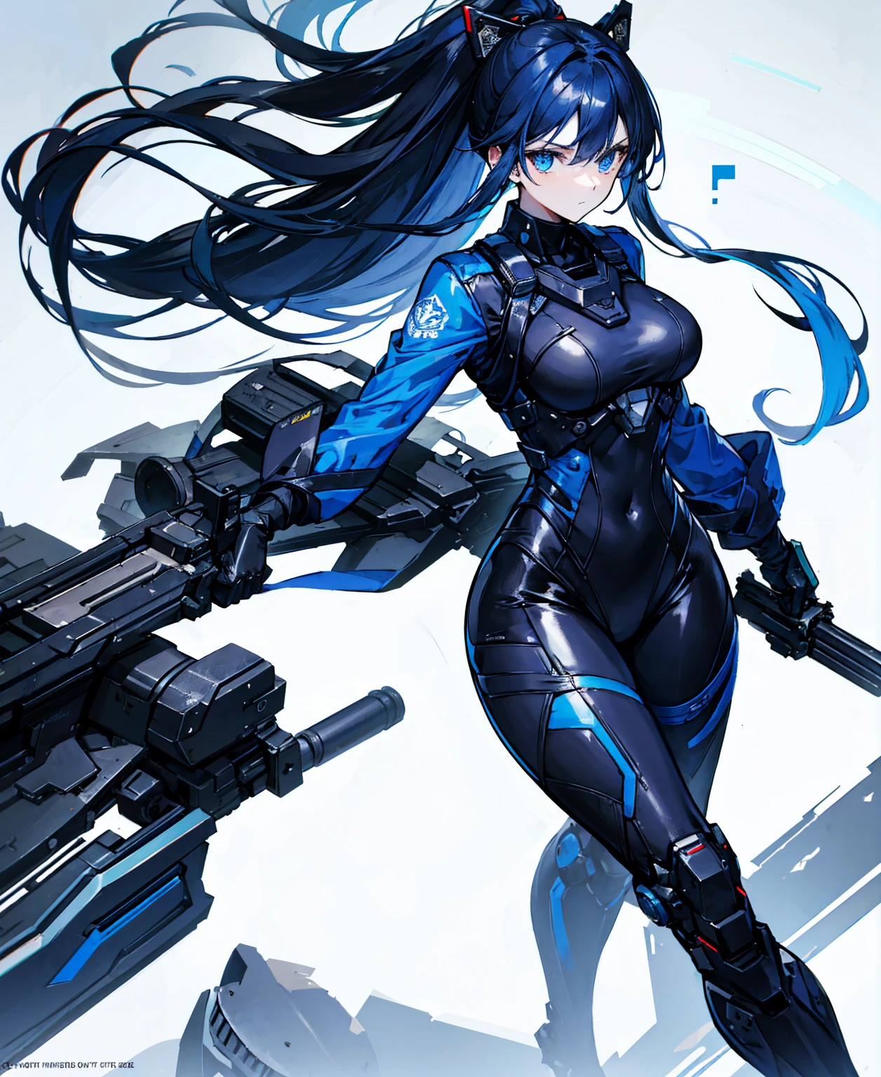 There is no background,girl,Carry a firearm,Patent leather tight suit,Use of firearms,Navy blue long hair,attention arousal,Blue colored eyes,No gradients