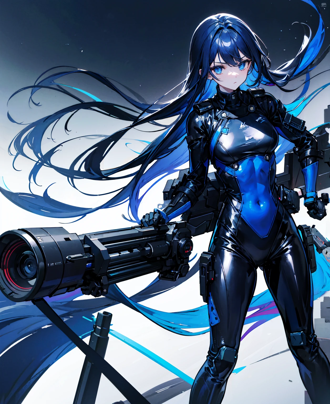 There is no background,girl,Carry a firearm,Patent leather tight suit,Use of firearms,Navy blue long hair,attention arousal,Blue colored eyes,No gradients