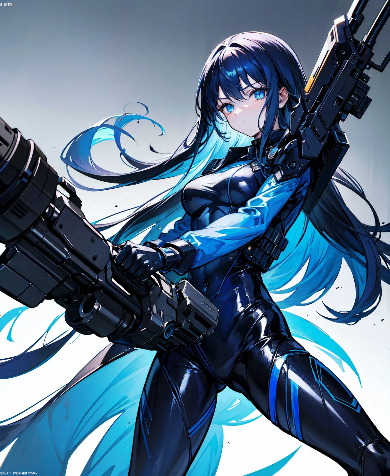 There is no background，girl，Carry a firearm，Patent leather tight suit，Use of firearms，Navy blue long hair，attention arousal，Blue colored eyes,No gradients