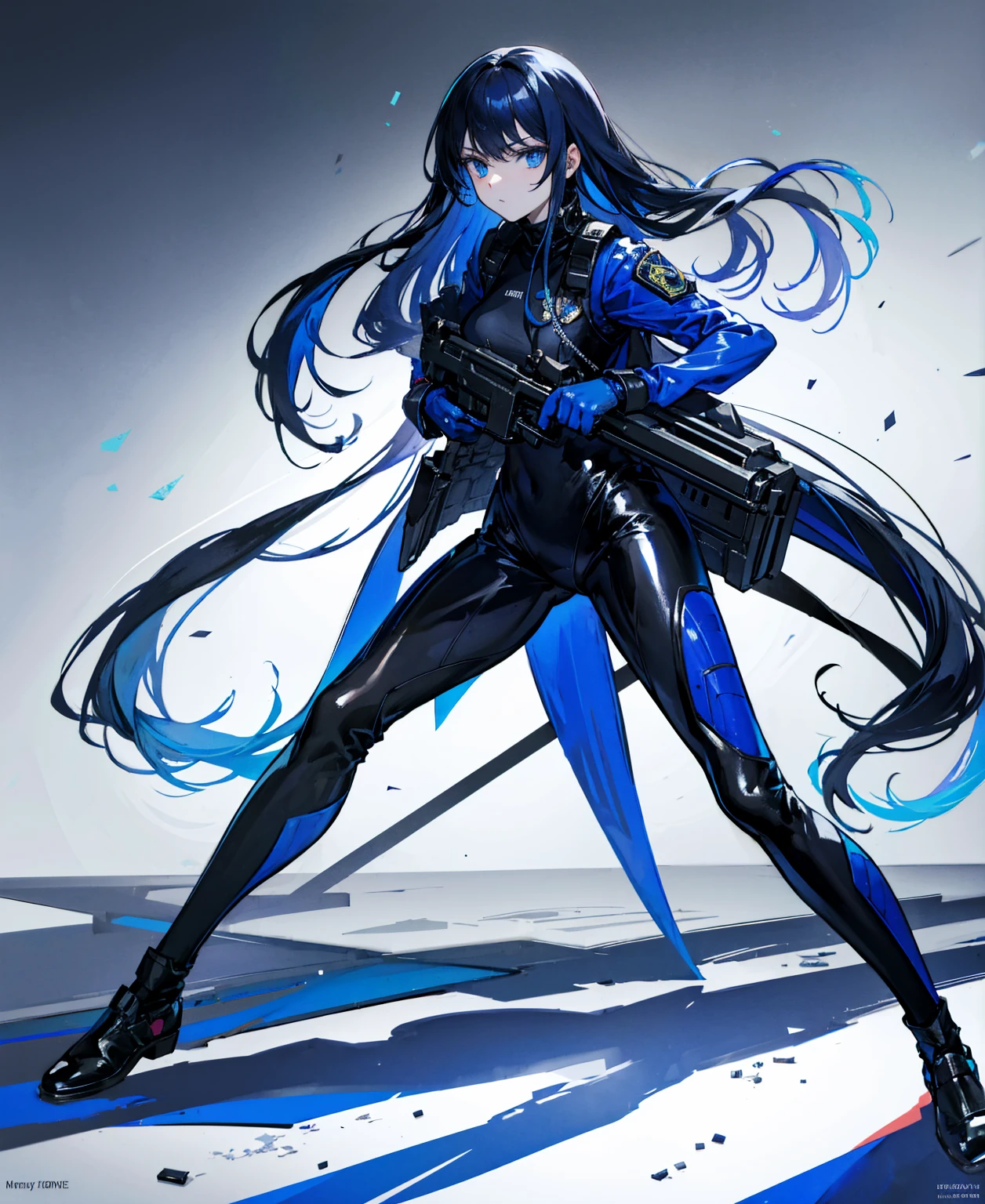 There is no background,girl,Carry a firearm,Patent leather tight suit,Use of firearms,Navy blue long hair,attention arousal,Blue colored eyes,No gradients