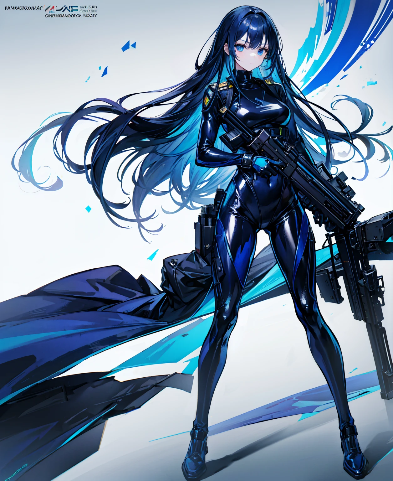 There is no background，girl，Carry a firearm，Patent leather tight suit，Use of firearms，Navy blue long hair，attention arousal，Blue colored eyes,No gradients