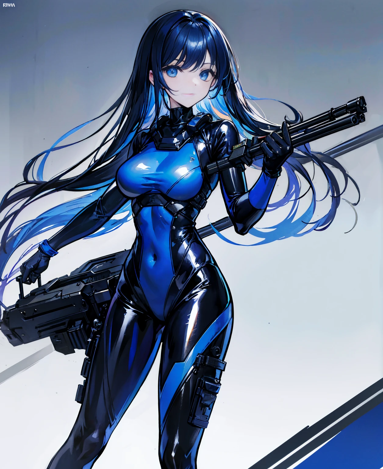 There is no background,girl,Carry a firearm,Patent leather tight suit,Use of firearms,Navy blue long hair,attention arousal,Blue colored eyes,No gradients