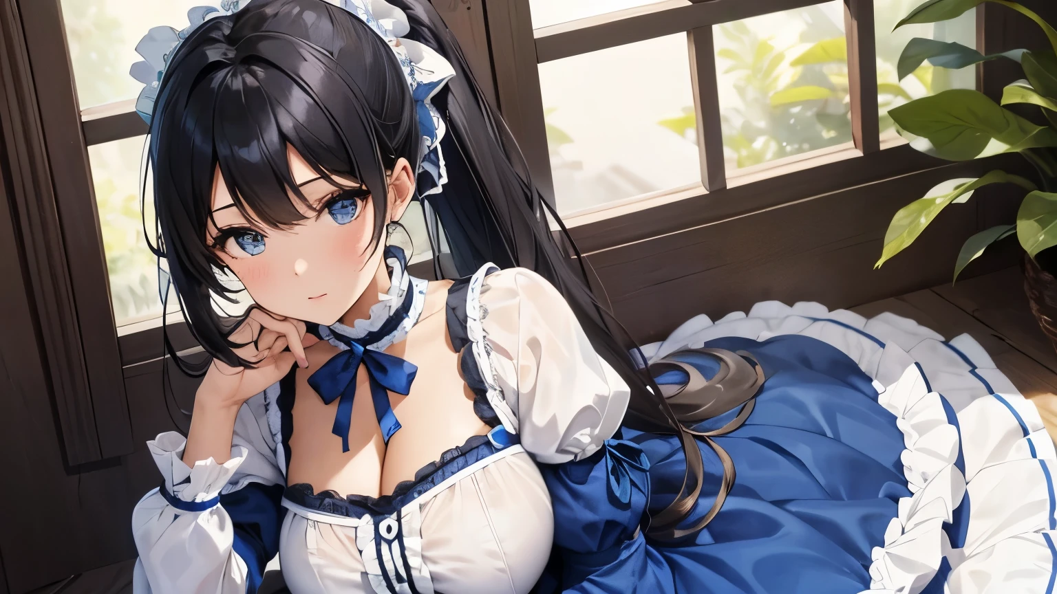 A beautiful woman wearing a blue and white sweet ta dress with lots of frills and lace Long sleeve Black hair ponytail with hair ornament Upper Body Big Breasts
