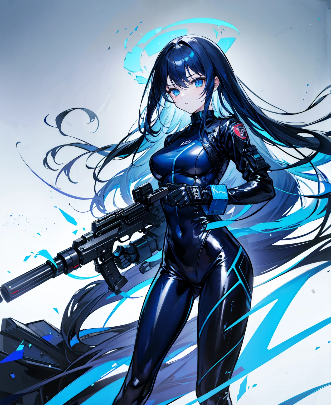There is no background,girl,Carry a firearm,Patent leather tight suit,Use of firearms,Navy blue long hair,attention arousal,Blue colored eyes,No gradients