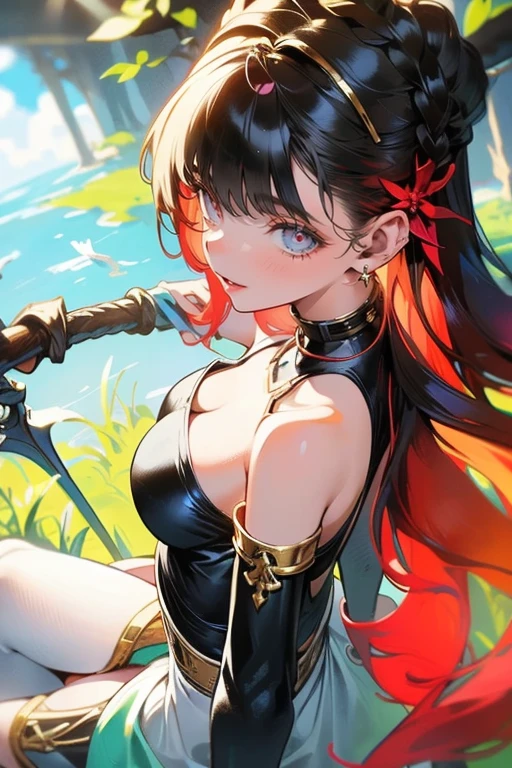 1girl,solo,cool,young,cleavage,in forest,she is a brave,she hold a sword