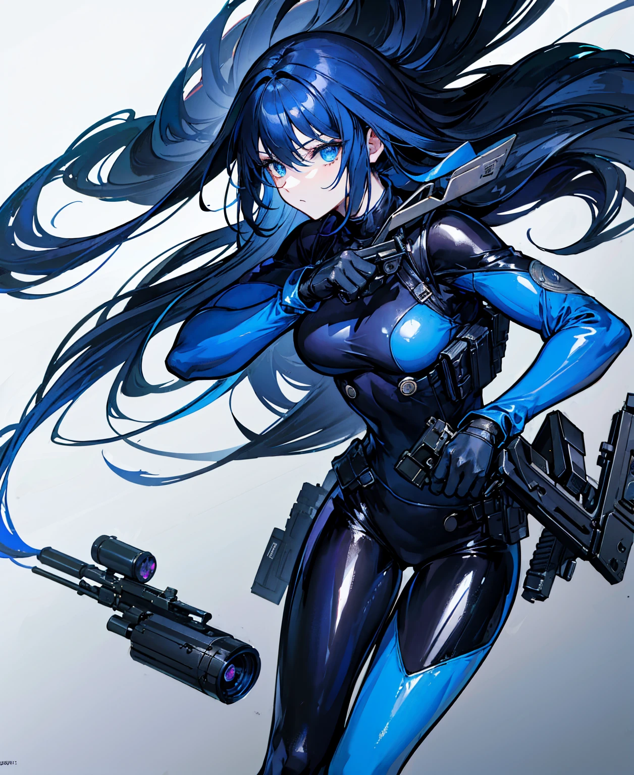 There is no background，girl，Carry a firearm，Patent leather tight suit，Use of firearms，Navy blue long hair，attention arousal，Blue colored eyes,No gradients