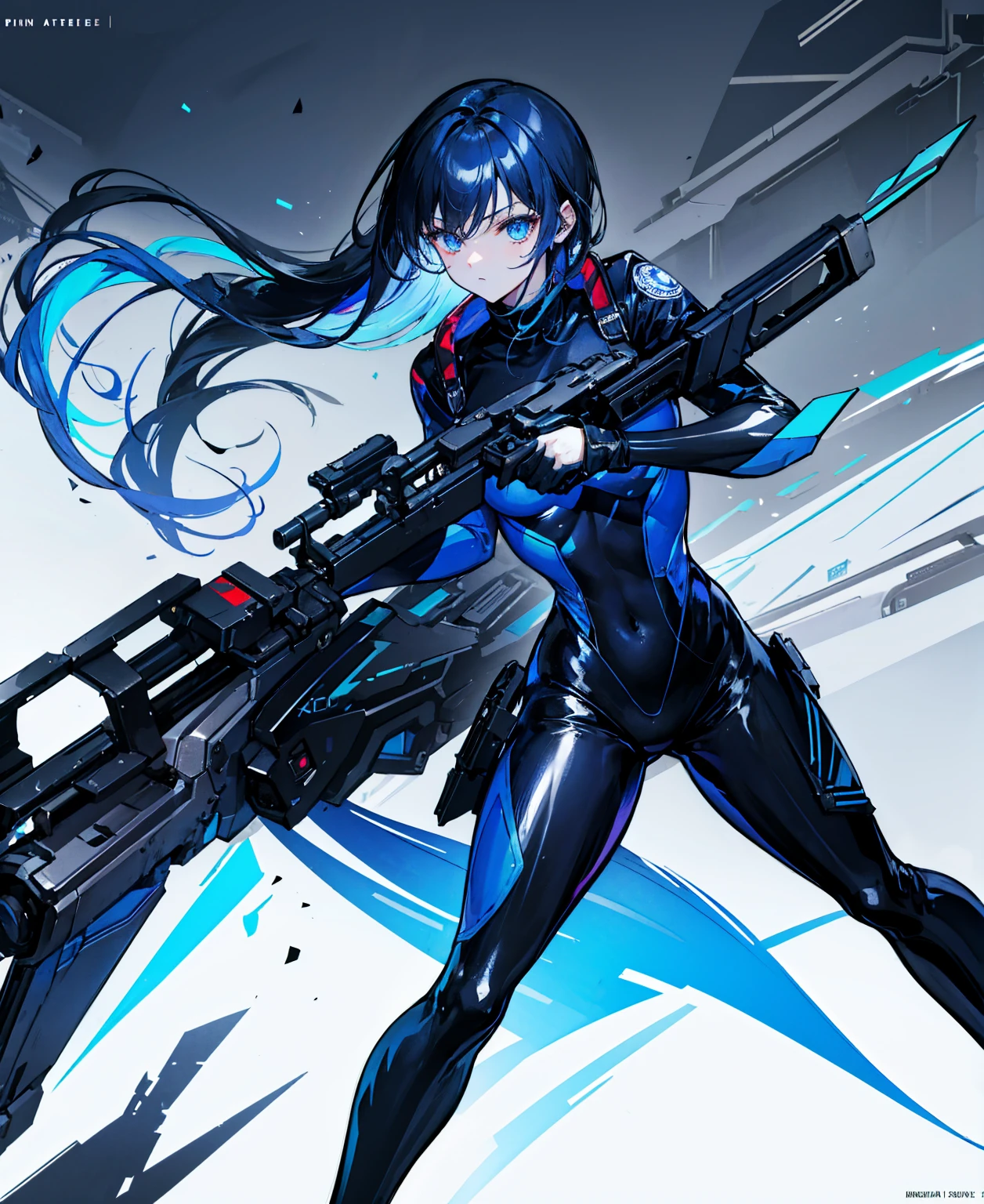 There is no background,girl,Carry a firearm,Patent leather tight suit,Use of firearms,Navy blue long hair,attention arousal,Blue colored eyes,No gradients