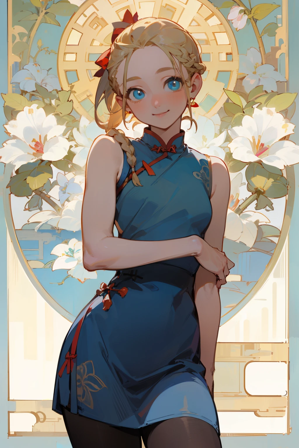 (masterpiece), ((best quality)), (super detailed), (beautiful eyes beautiful details eyes, Clean and delicate face), Single Braided blonde pony tail, parted bangs, forehead, blue eye, smile, ((white Cheongsam)), Sleeveless, pantyhose, thigh, Alphonse Mucha