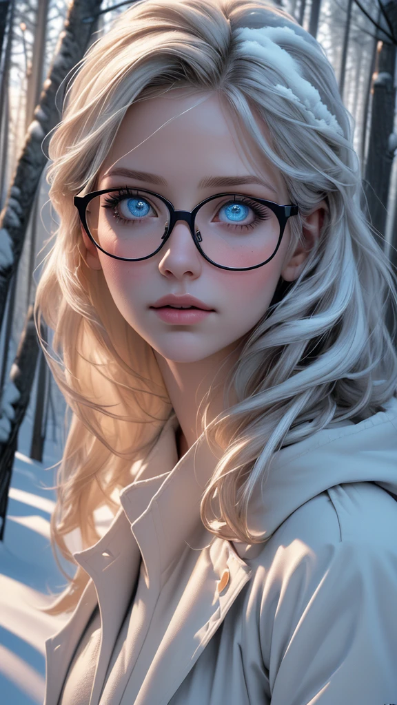 a girl with glasses, white coat, winter scenery, snow, trees, forest, cloudy sky, cold atmosphere, cinematic lighting, beautiful detailed eyes, beautiful detailed lips, extremely detailed face and portrait, long eyelashes, detailed clothing folds, photorealistic, 8k, highres, best quality, masterpiece, realistic