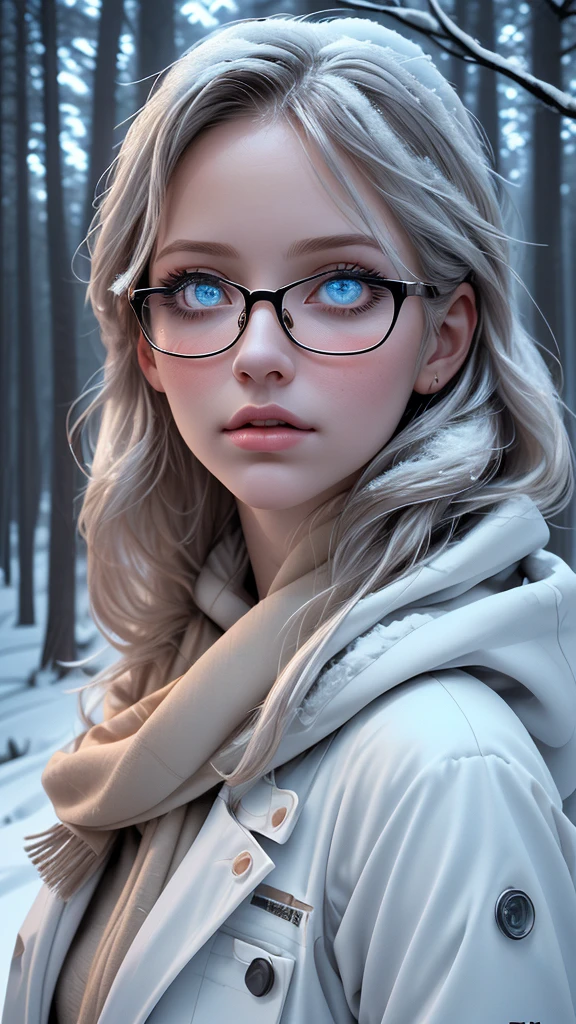 a girl with glasses, white coat, winter scenery, snow, trees, forest, cloudy sky, cold atmosphere, cinematic lighting, beautiful detailed eyes, beautiful detailed lips, extremely detailed face and portrait, long eyelashes, detailed clothing folds, photorealistic, 8k, highres, best quality, masterpiece, realistic