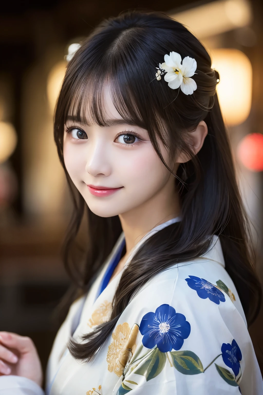 （kimono）、masterpiece、beautiful girl、Beautiful detailed eyes、highest quality, 超A high resolution, (reality: 1.2), Cinema Lighting、(Japanese Girls)、so beautiful、Beautiful Skin、(Looking at the audience)、(Surreal)、(High resolution)、(8k)、(Very detailed)、(Beautiful fine details)、(Very detailed)、 (wallpaper)、Detailed face、Bright lighting、Professional Lighting、Smile