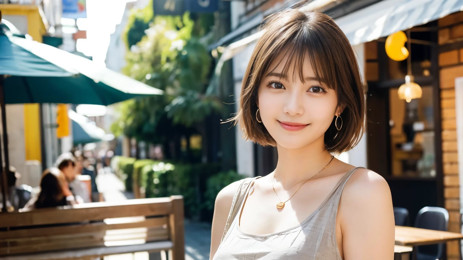 super high quality, short hair, thin, Photography Sculpture, The staff is working at the counter in the back..., (8k、RAW Photos、highest quality、masterpiece:1.2), Japanese Idols, Shaggy, Sportswear, Stylish cafe, People having fun at cafe々々Bustling., (Realistic、Realistic:1.37), Mesh Hair, Urban Cafe, Golden Ratio, RAW Photos, Cute Face , Light brown hair, Earrings, Small breasts, Bright cafe interior, Spring Clothes, necklace, Spoiled, Cafe Terrace, Open Cafe, Open Cafeの前に高級車, smile, Hair blowing in the wind, Dress appropriately, 18-year-old, younger sister,