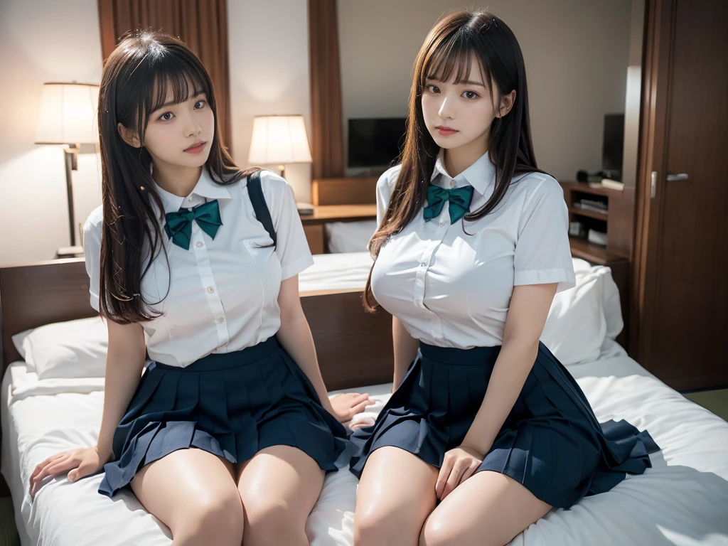 (RAW photo, 4k, masterpiece, high resolution, extremely complex) (realistic: 1.4), cinematic lighting
((2 girls, 2 schoolgirls)),Slam Dunk's,blushing,((innocent)),(Dark makeup),bright eyes,round eyes,blunt bangs,(straight hair:1.3),black hair,large ,wide hips,Summer Noon, 20 year old girl、cute type、lolita,Best Quality), (Highres), (an Extremely Delicate and Beautiful),(Beautiful 8k face),(Brown eyes),short bob hair,( spectators),(gigantic breasts),(Plaeach other,Touching each other's bodies,Touching the body),(Japanese high school uniform:1.3),blue skirt,(reality),bright lighting,(The background is a luxury hotel room)