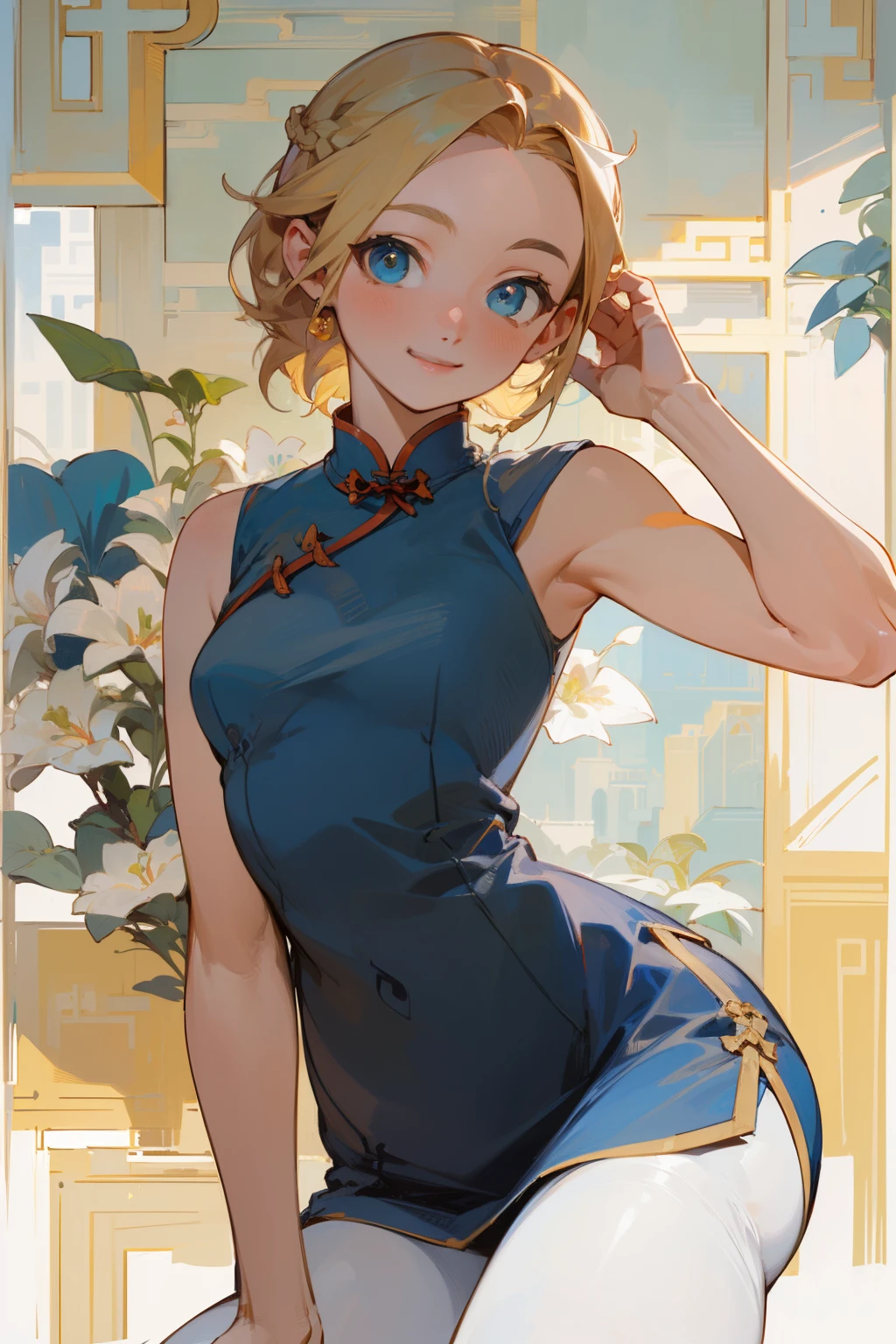 (masterpiece), ((best quality)), (super detailed), (beautiful eyes beautiful details eyes, Clean and delicate face), Single Braided blonde pony tail, parted bangs, forehead, blue eye, smile, ((white Cheongsam)), Sleeveless, pantyhose, thigh, Alphonse Mucha