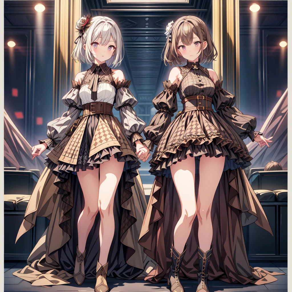 Stand in front of the audience、masterpiece、Very detailed、Surreal、Watercolor and ink painting、high waist、Brown and dark brown houndstooth A-line dress、Dark piping、Puff sleeves、Very detailed、so beautiful、White straight short hair、Knee-high boots、Young woman dancing、Toned, muscular body、Perfect Eyes、Character sheet,No belt design、