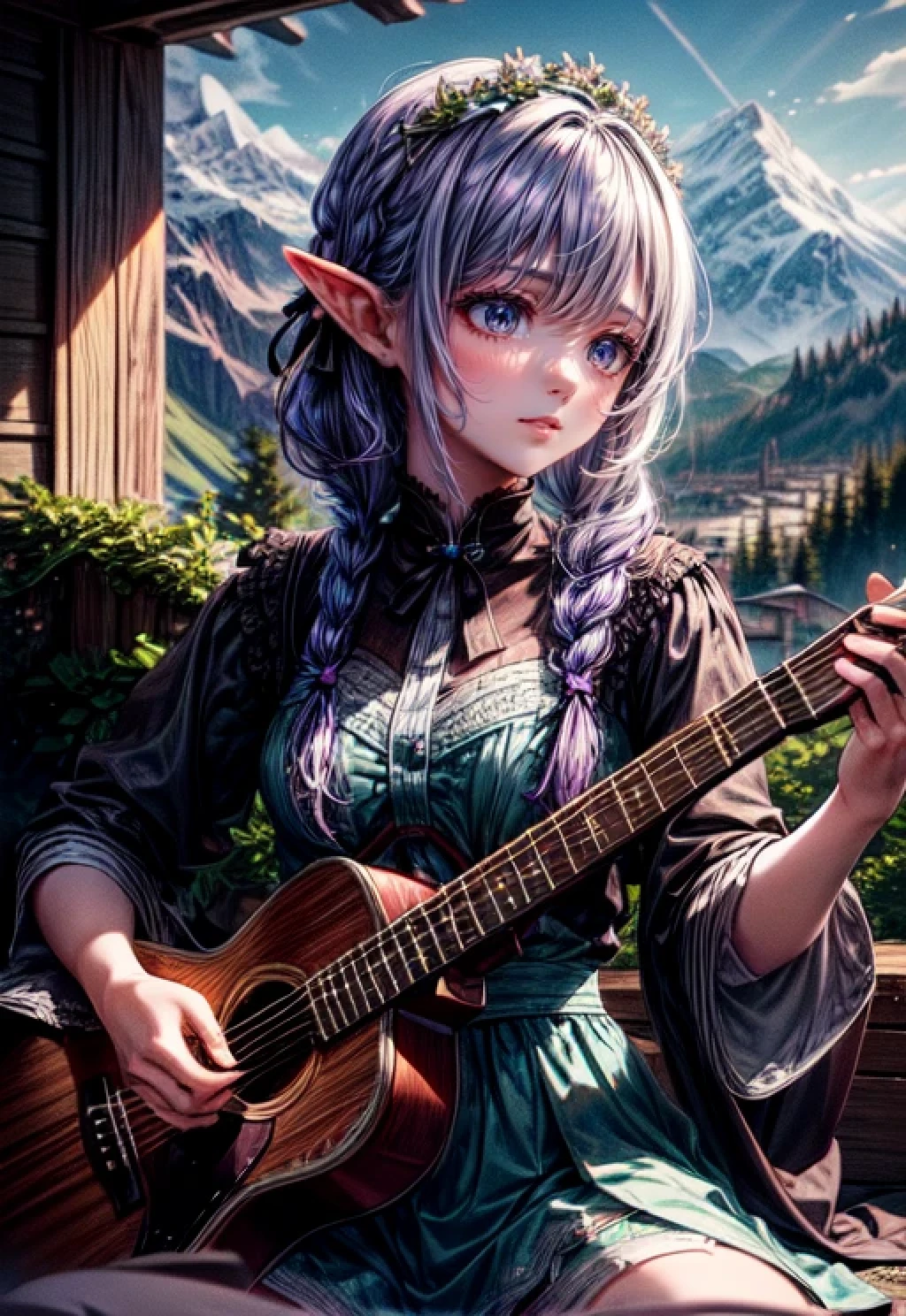 1 girl, (alone:1.3), ,((best quality)), ((masterpiece)), (detailed), perfect face, elf, young, Playing on (guitar), purple hair, setting on the mountain,braid, ,sexy ,hot