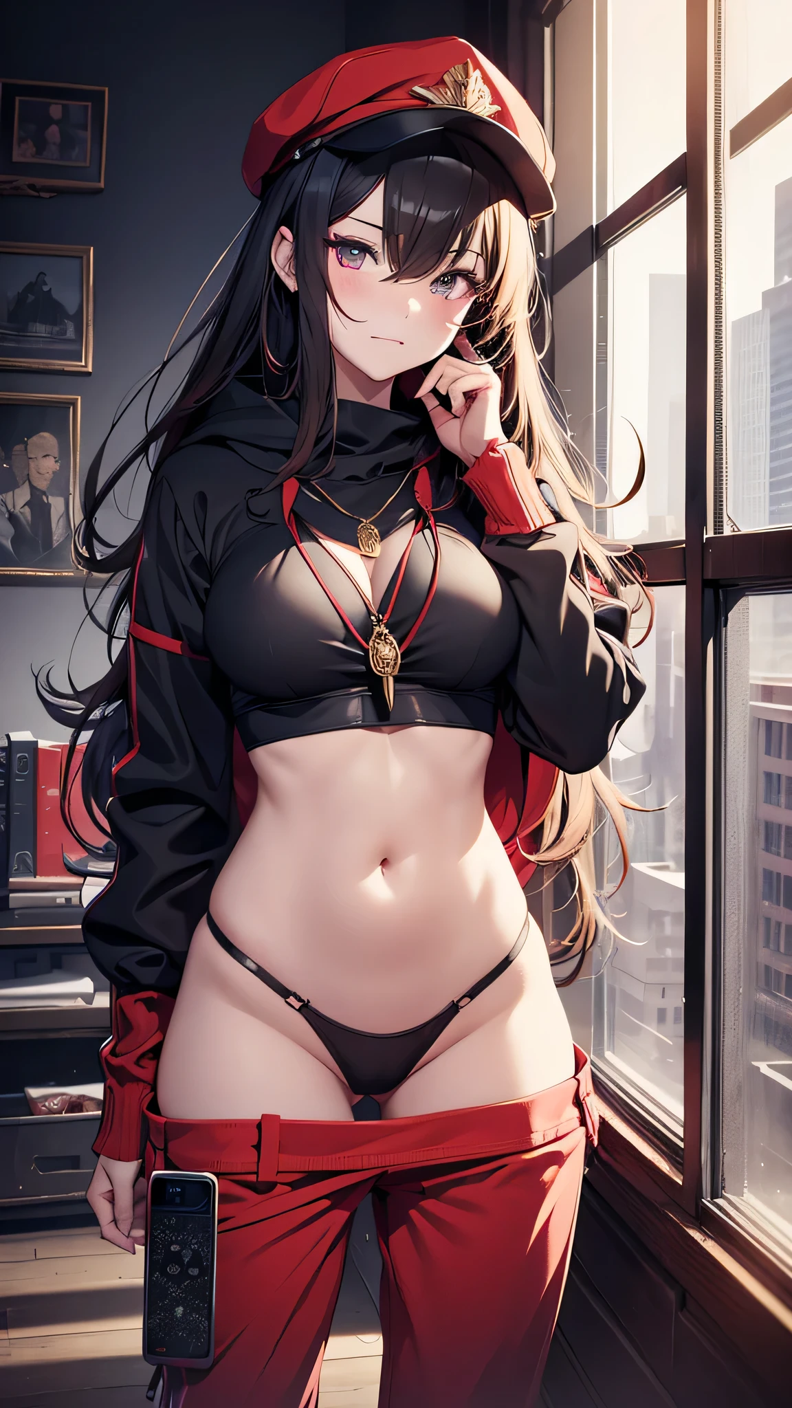 Highest quality、Highest quality、Masterpiece、girl((Metal body,5、as soon as、Highest Bust、Medium Bust、Wide open chest、Red glowing eyes、Black Ear、Red Mesh、Disheveled Hair、Loincloth、thin、The best valley、Open chest、Luminous Wristbands、hair ornaments、Full body view、Black short-sleeved hoodie、Red pants、scar、cell phone、A little muscular、Ruby Necklace、No underwear、hat,Embarrassedce))、high quality、Beautiful Art、background((night、Beautiful private room))、flight、Flying Debris、Depth of text、movie、Visual Arts、Perfect Art、8K、Genuine、
