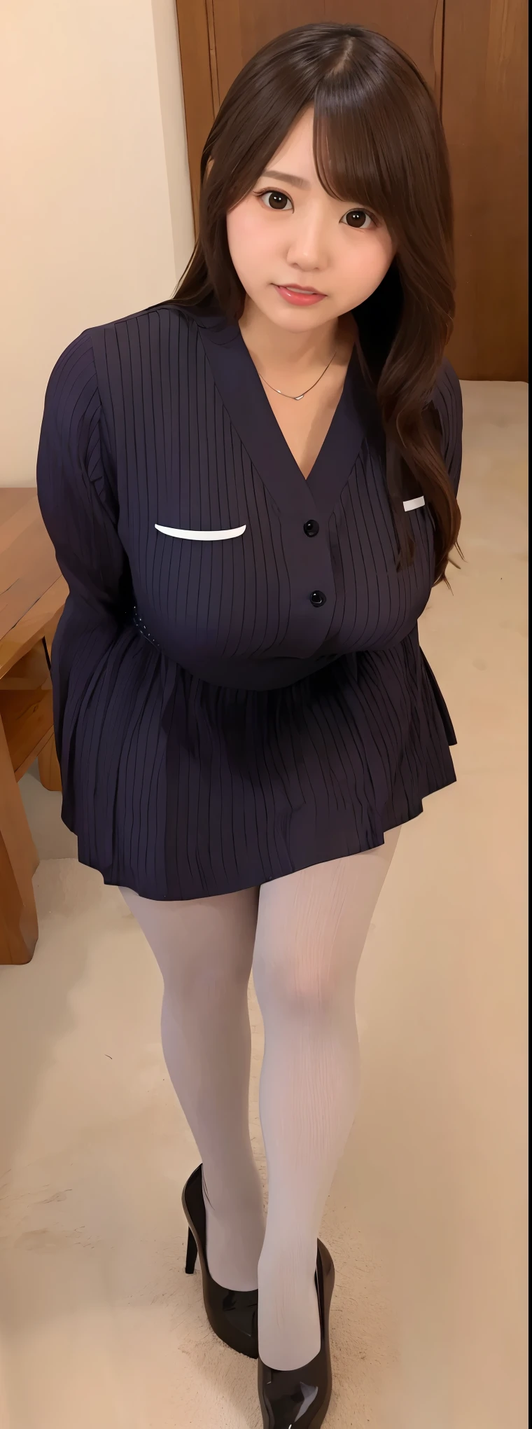 Japanese maid, Woman, ((Slightly thicker, Round face, About 40)), Rimless round glasses, Wavy black hair with no bangs, Long Hair, Twin ponytail, Flashy makeup, Lips become thicker, Sexy G, uniform, (Ultra-realistic pantyhose, ((dressing)), Looking into the camera, Low angle shooting, Cute duck mouth,((Extremely precise and accurate anatomy)), (masterpiece:1.43), Perfect balance, Realistic photos, Full Shot, whole body, (height: 148cm), High heels