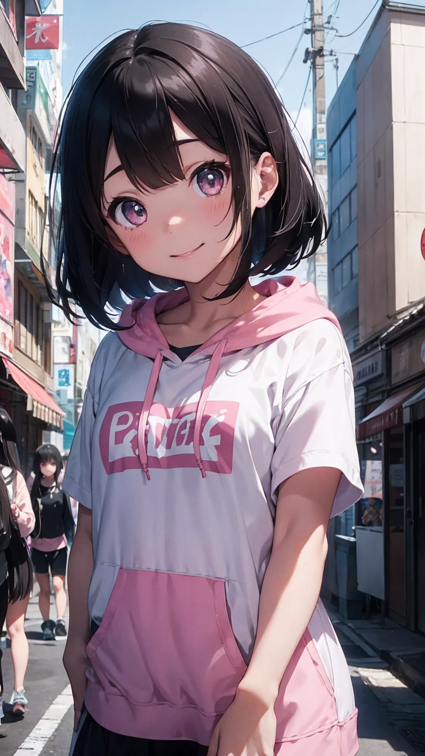 Teenage Girl、hoodie、Big eyes、White skin、Pink Lips、Black Hair、Straight hair、Short Bob Hair、Depiction of the upper body、Looking up at the audience、Smiling Kindly、Open your lips、wave hands、City of night